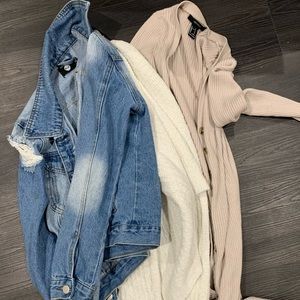 3 PACK - 2 white cardigans, one long and one short and 1 jean jacket